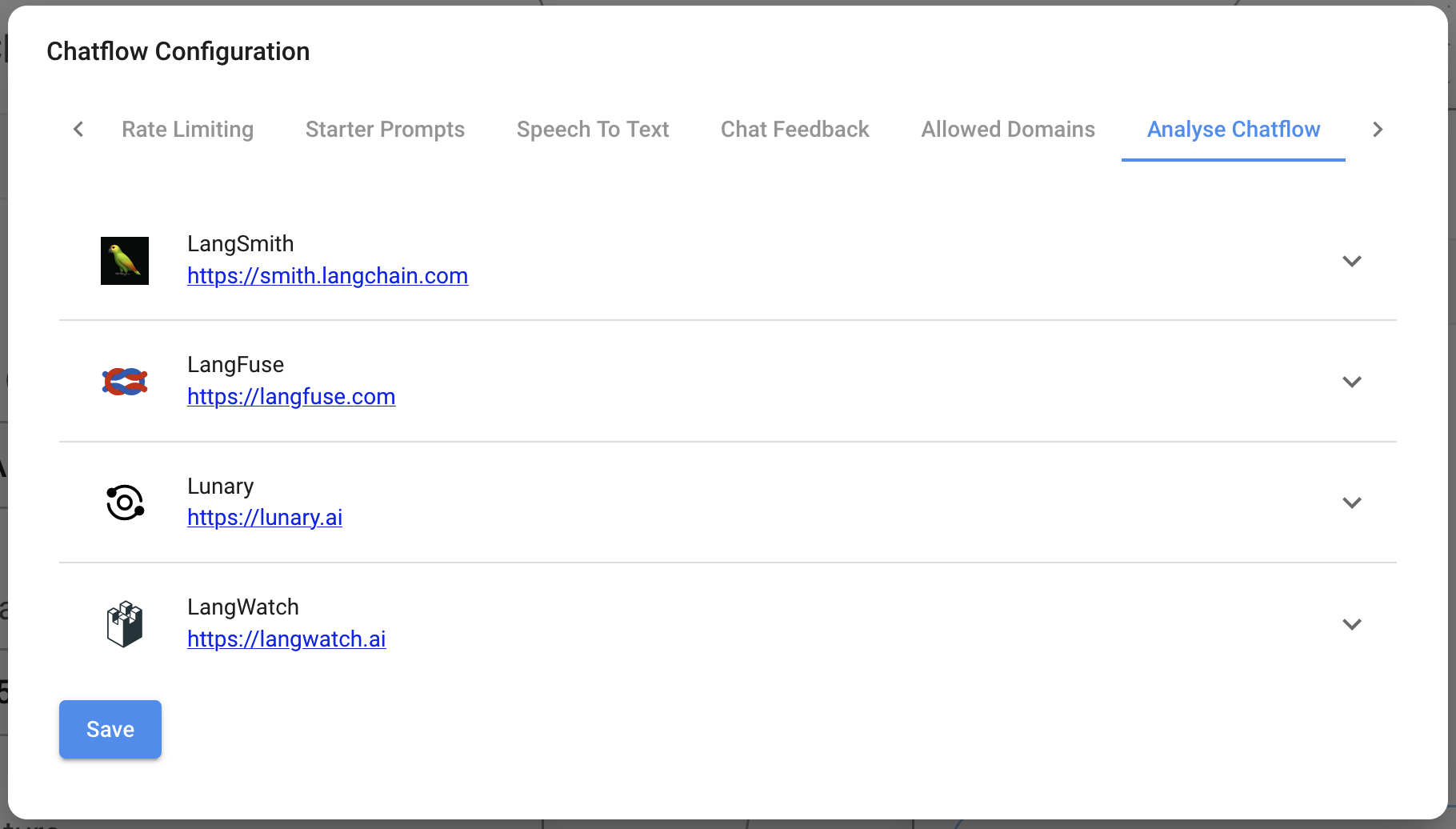 Screenshot of the Analyse Chatflow section with the different Analytics providers